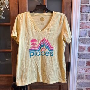 Life is Good Womens T Shirt Large Classic Fit Yellow Go Places Mtn Sunset V Neck